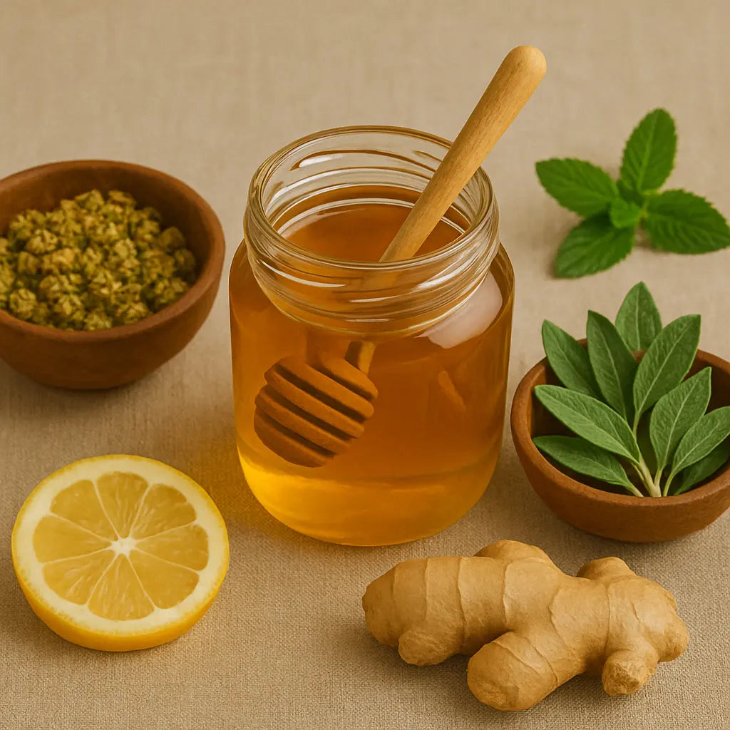 Square image of a honey jar with dipper, fresh herbs, ginger, and lemon arranged on soft beige fabric for a natural wellness profile photo.