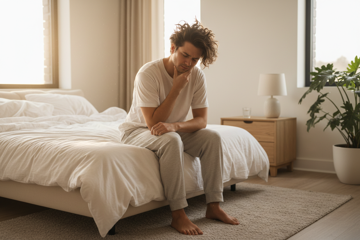 Person waking up holding jaw in morning discomfort