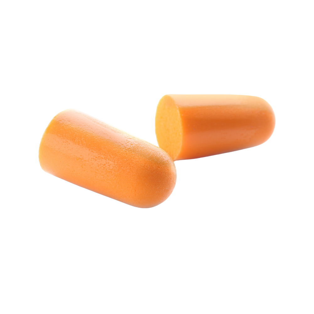 Close-up of a hand inserting foam earplug into an ear