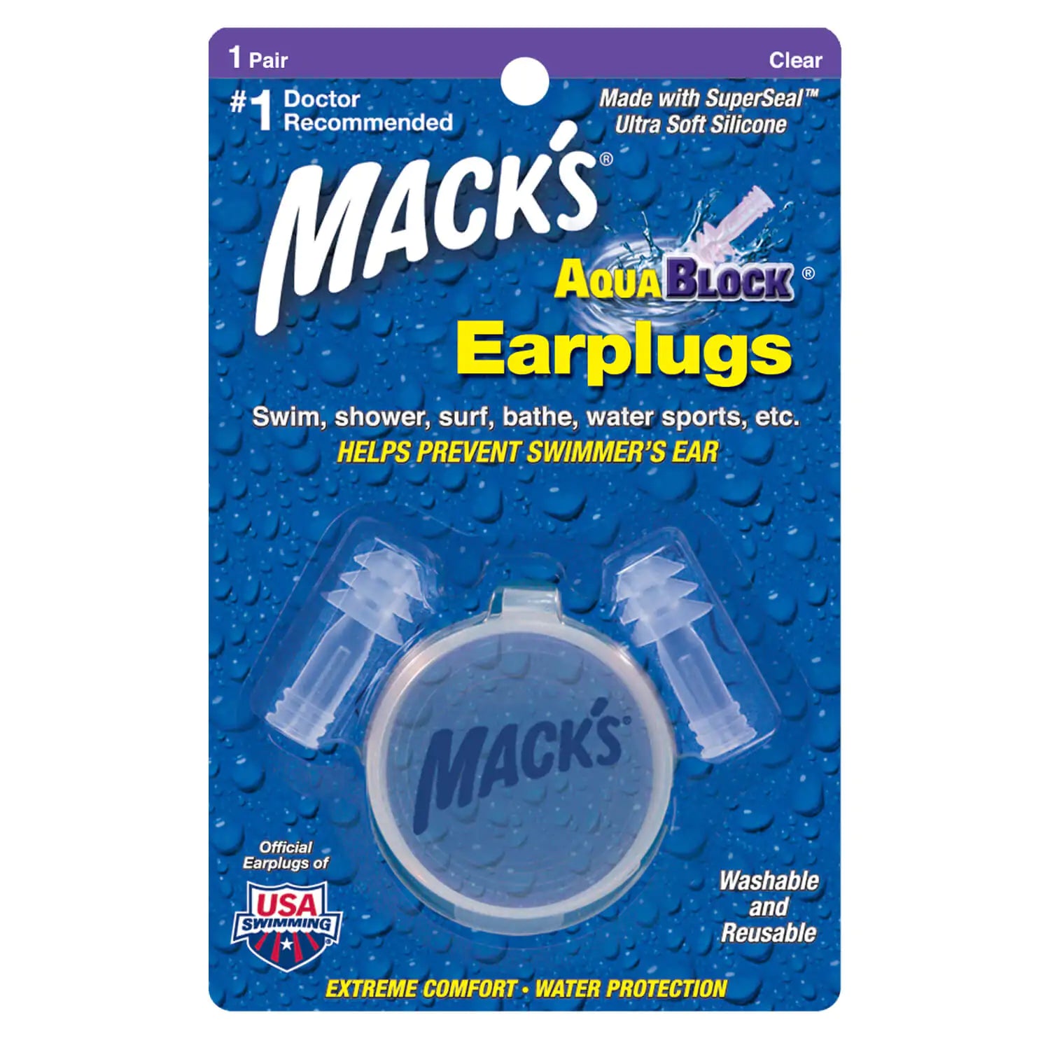 Macks Aquablock Waterproof Earplugs Clear