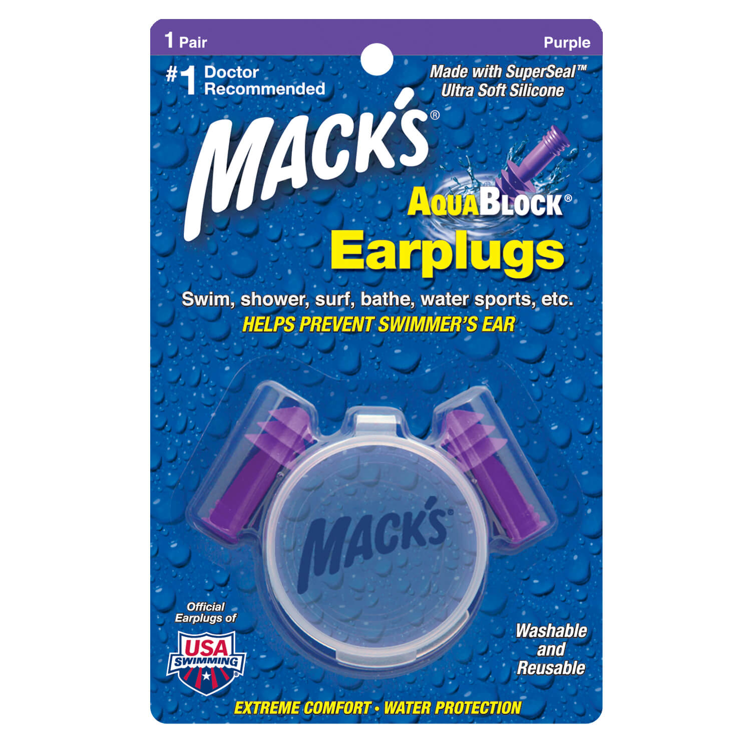 Macks Aquablock Waterproof Earplugs Purple
