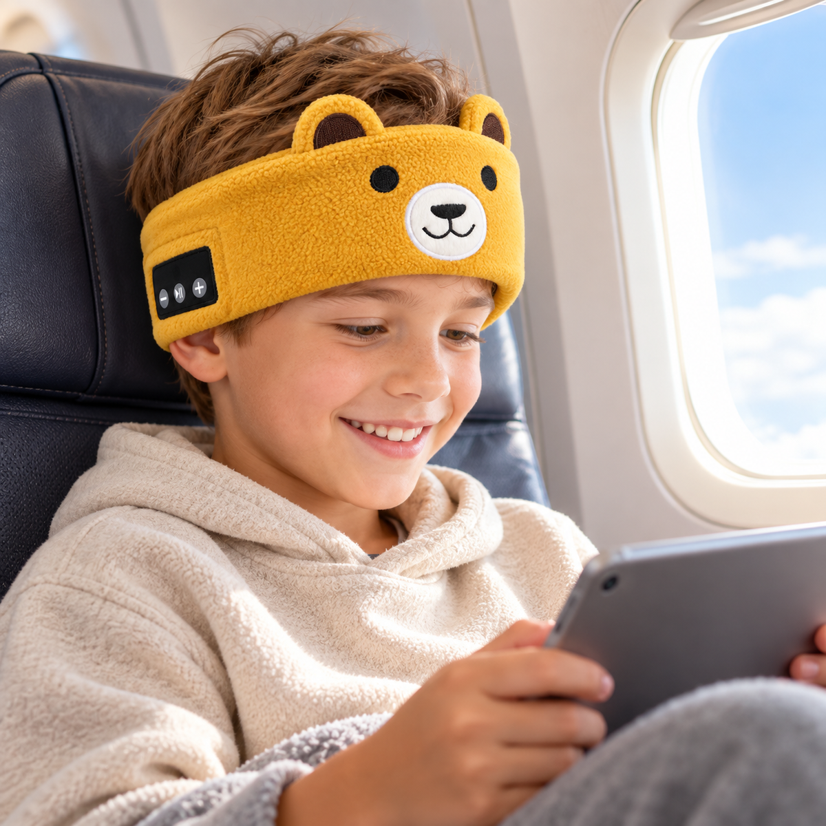 Child wearing a soft Sound Buddies animal audio headband