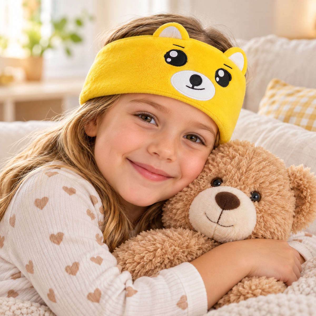 Child wearing a Sound Buddies kids Bluetooth audio headband at home