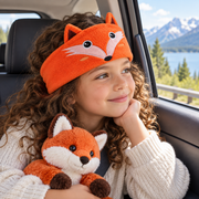 Child wearing a Sound Buddies character audio headband while travelling