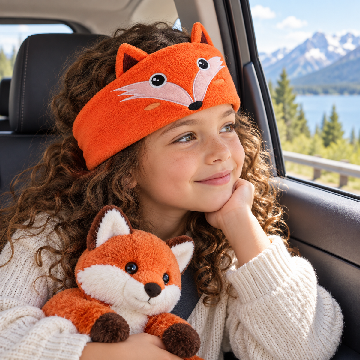 Child wearing a Sound Buddies character audio headband while travelling
