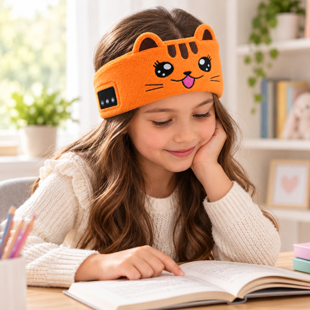 Child using a Sound Buddies Bluetooth audio headband during quiet time