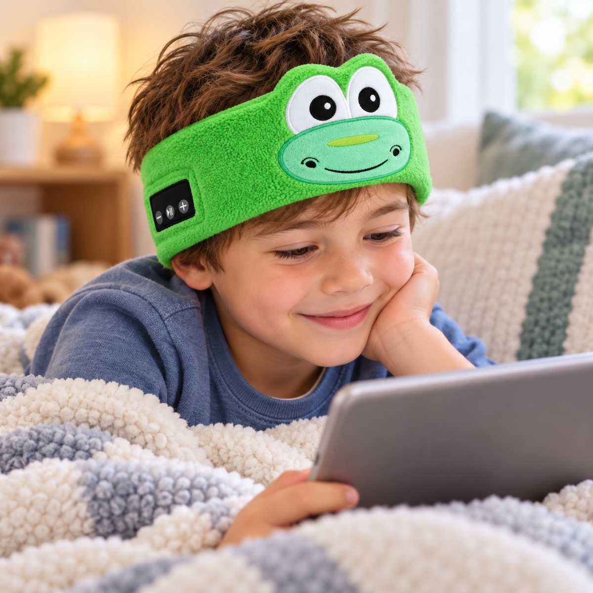 Child wearing a soft Sound Buddies audio headband at bedtime