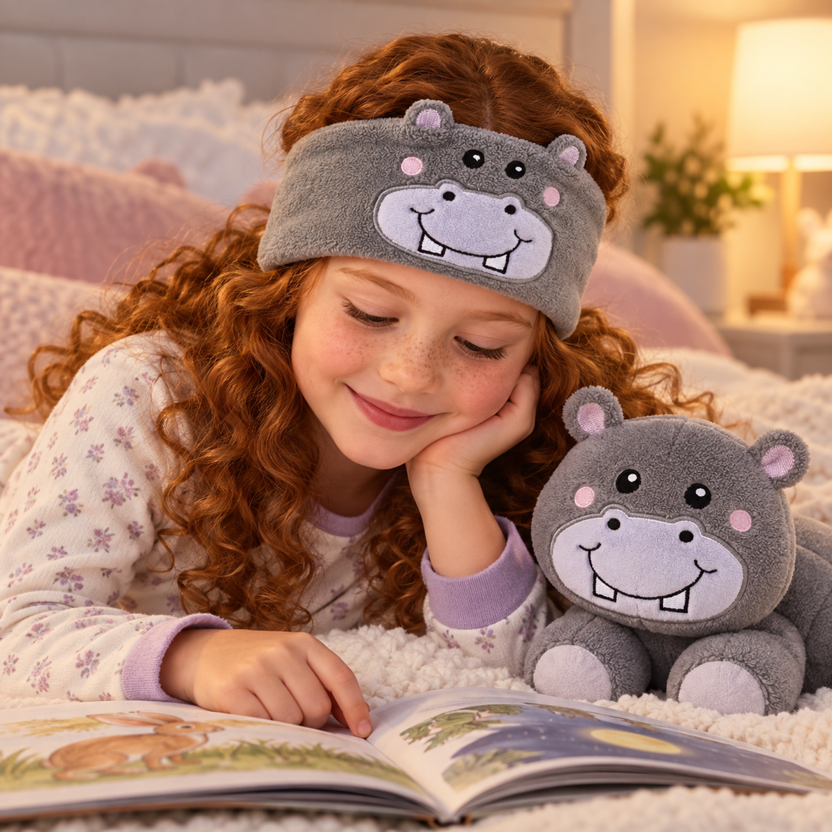 Child wearing a Sound Buddies animal Bluetooth headband at home
