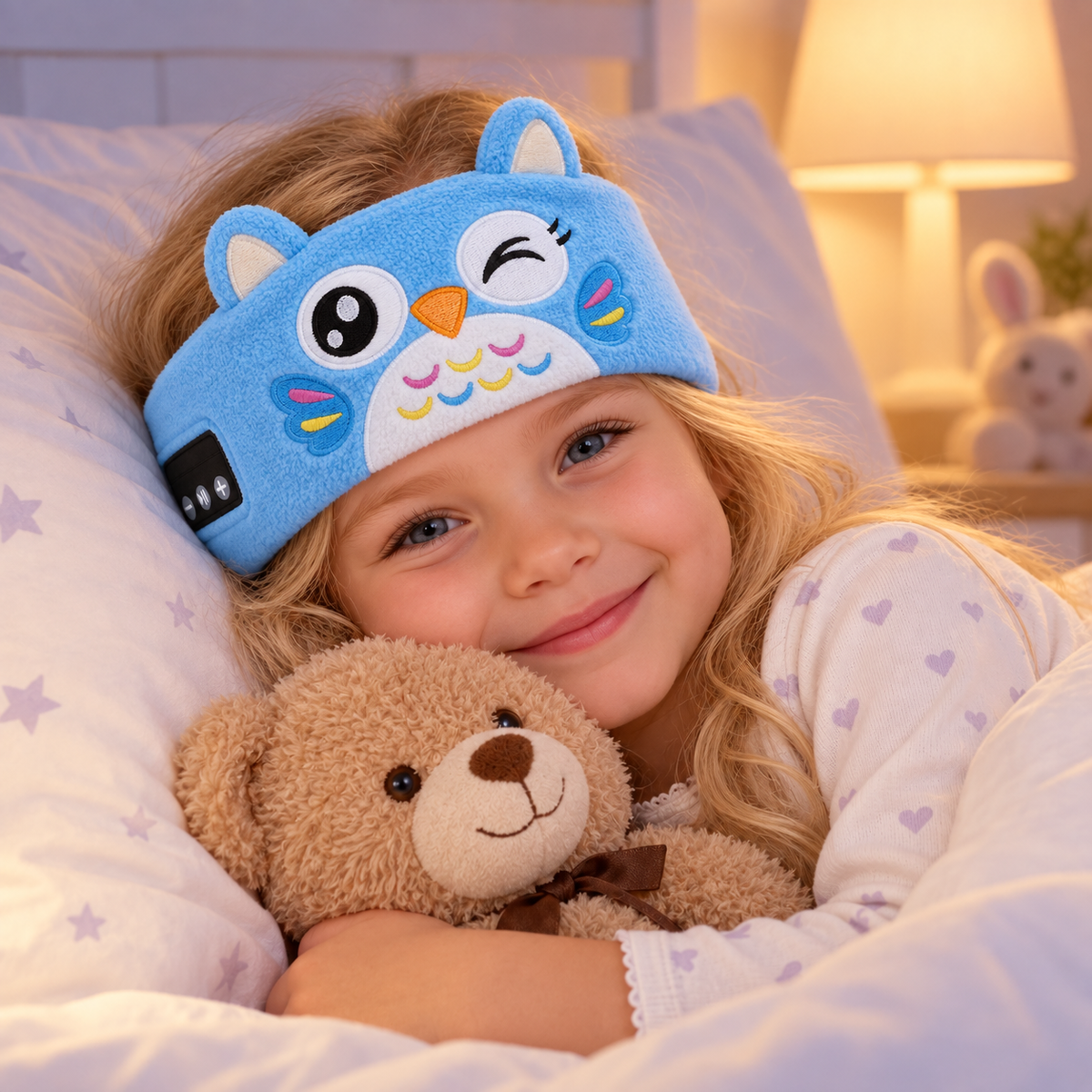 Child relaxing in bed with a Sound Buddies kids Bluetooth headband