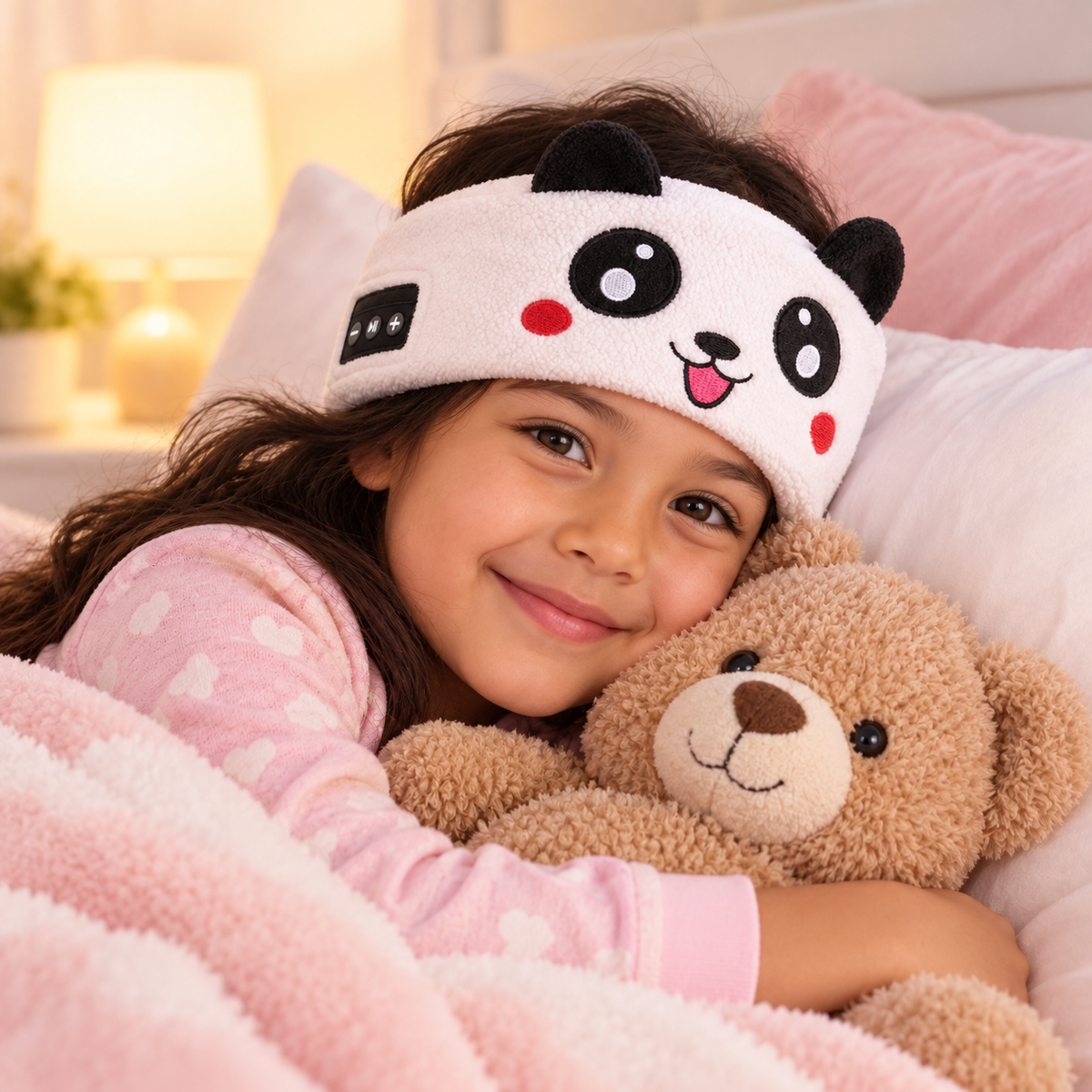 Child listening with a Sound Buddies kids audio headband while travelling