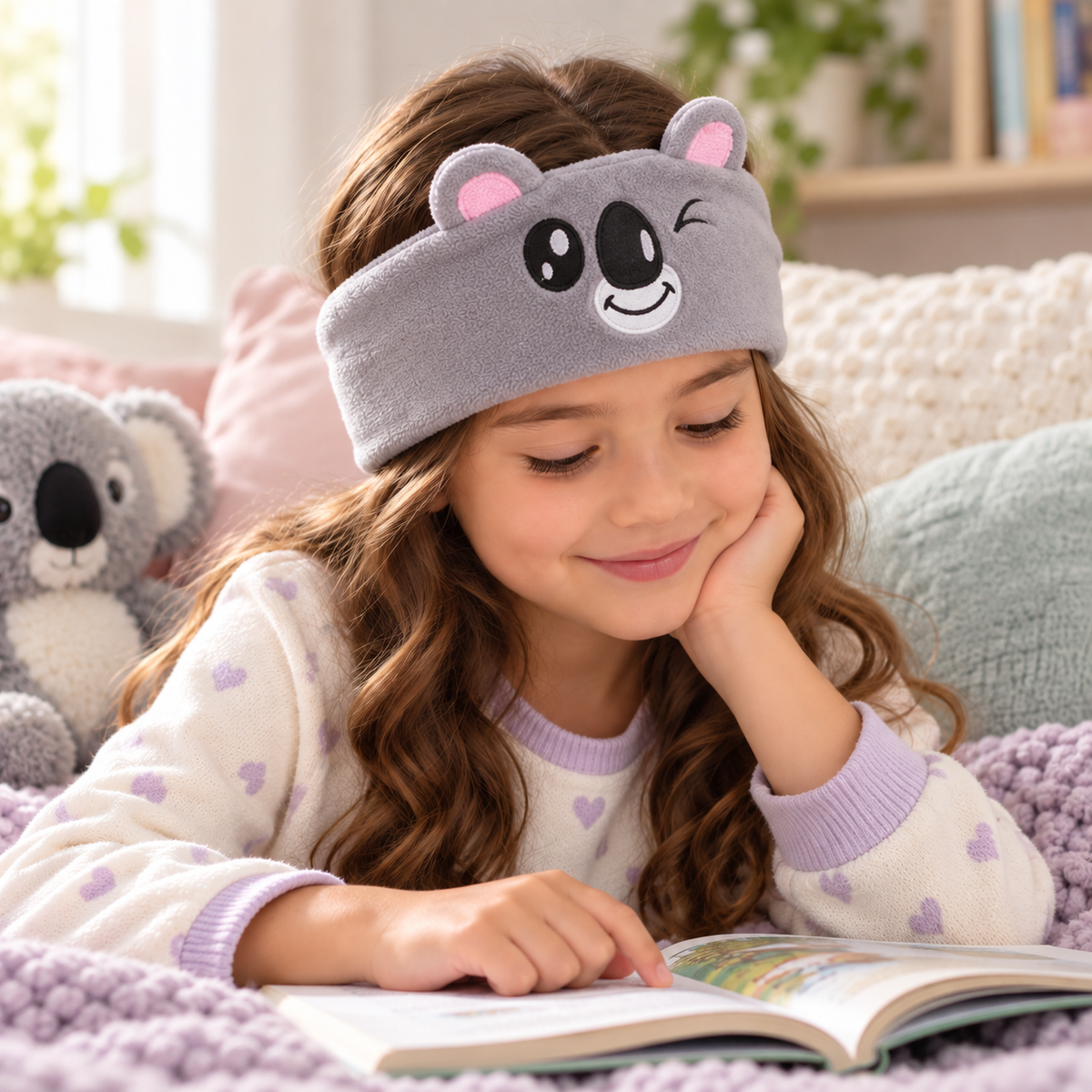 Child wearing a Sound Buddies Bluetooth headband while reading