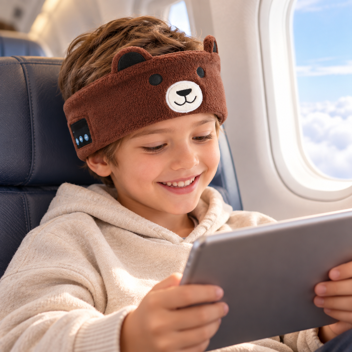 Child using a Sound Buddies kids Bluetooth headband for entertainment