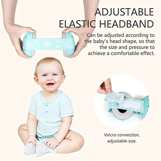 baby wearing blue hushies earmuffs