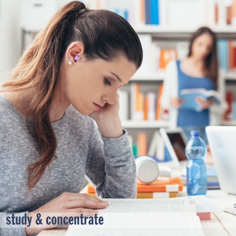 lady studying with slimfit earplugs