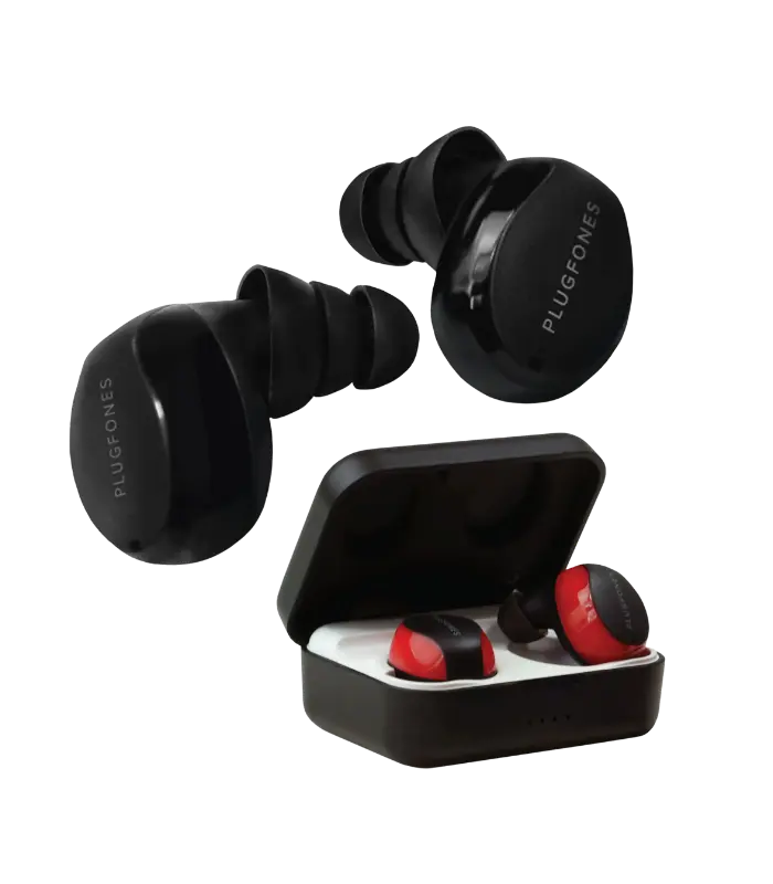 Plugfones Sovereign Bluetooth earplugs from Sleep and Sound designed for noise reduction and wireless audio with a compact protective case