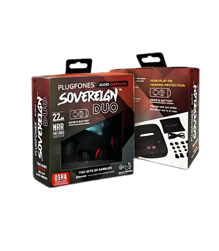 Plugfones Sovereign Bluetooth earplugs from Sleep and Sound shown with accessories designed for noise isolation and wireless audio on the go