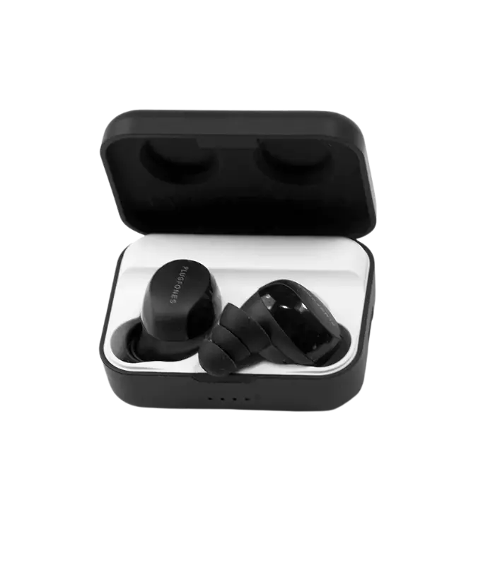 Sleep and Sound Plugfones Sovereign Bluetooth earplugs shown in case with ear tips and charger offering noise isolation and wireless audio