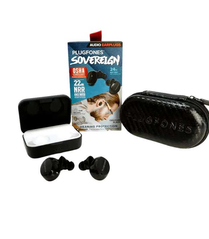 Plugfones Sovereign Bluetooth earplugs from Sleep and Sound with noise isolating tips and charging case for safe listening in loud environments