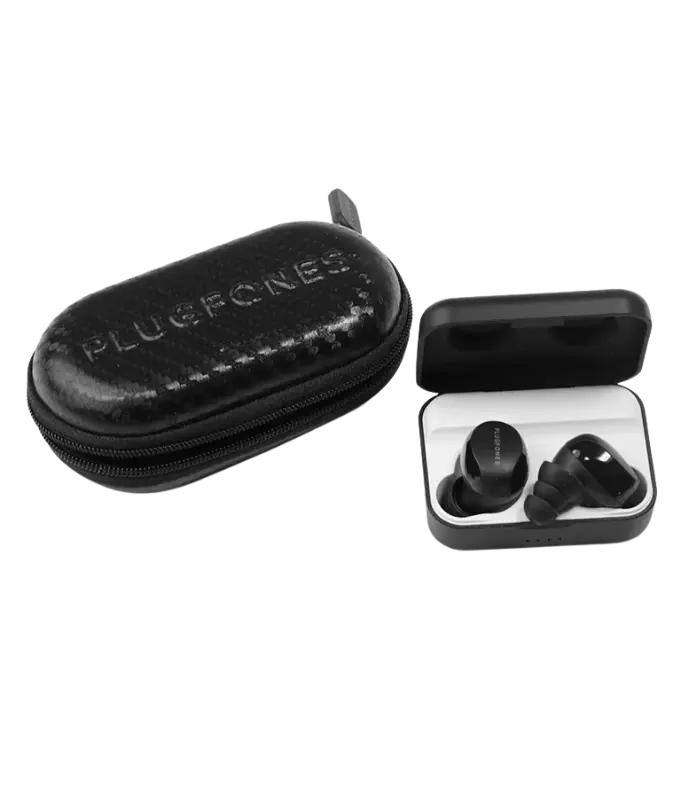 Plugfones Sovereign Bluetooth earplugs from Sleep and Sound displayed with accessories for secure fit wireless listening and hearing protection