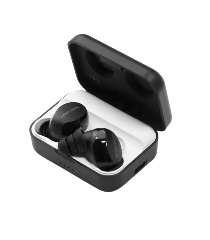 Sleep and Sound Plugfones Sovereign Bluetooth earplugs with charging case offer wireless audio and noise protection for use in high noise settings
