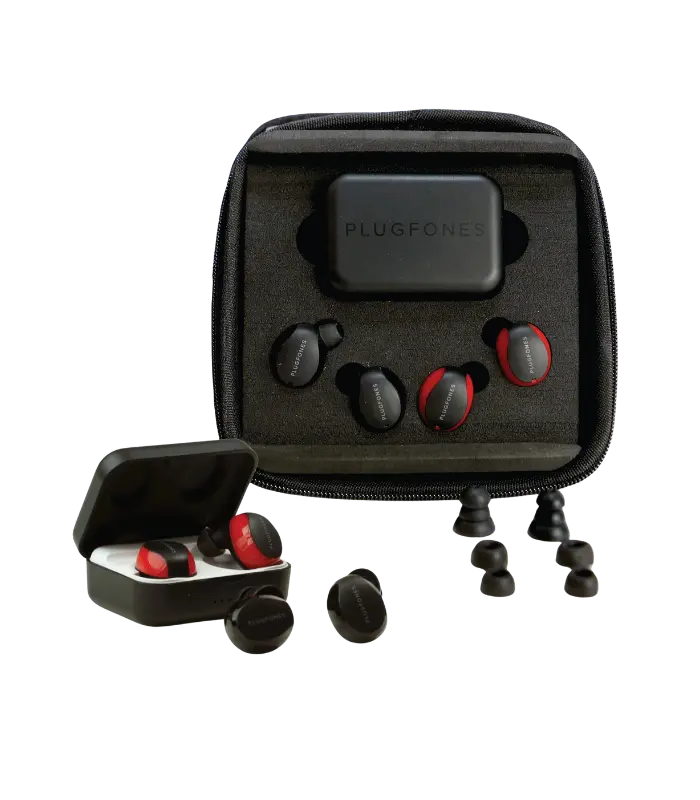 Plugfones Sovereign Bluetooth earplugs from Sleep and Sound designed for wireless listening with noise isolating ear tips and compact storage case