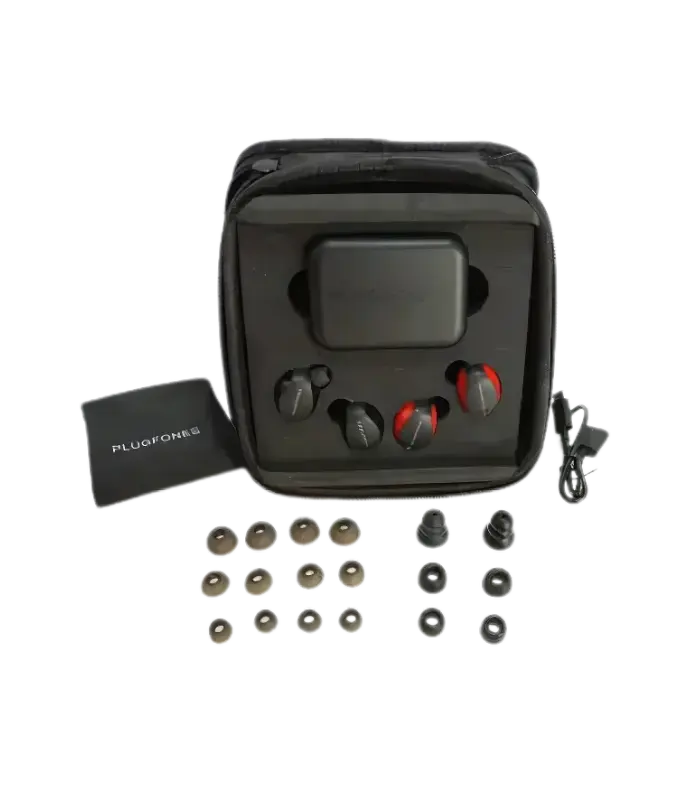 Plugfones Sovereign Bluetooth earplugs from Sleep and Sound shown in open case with tips and charger offering audio and hearing protection in one