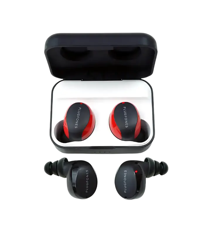 Sleep and Sound Plugfones Sovereign Bluetooth earplugs with secure fit tips designed for noise reduction and wireless audio in loud environments