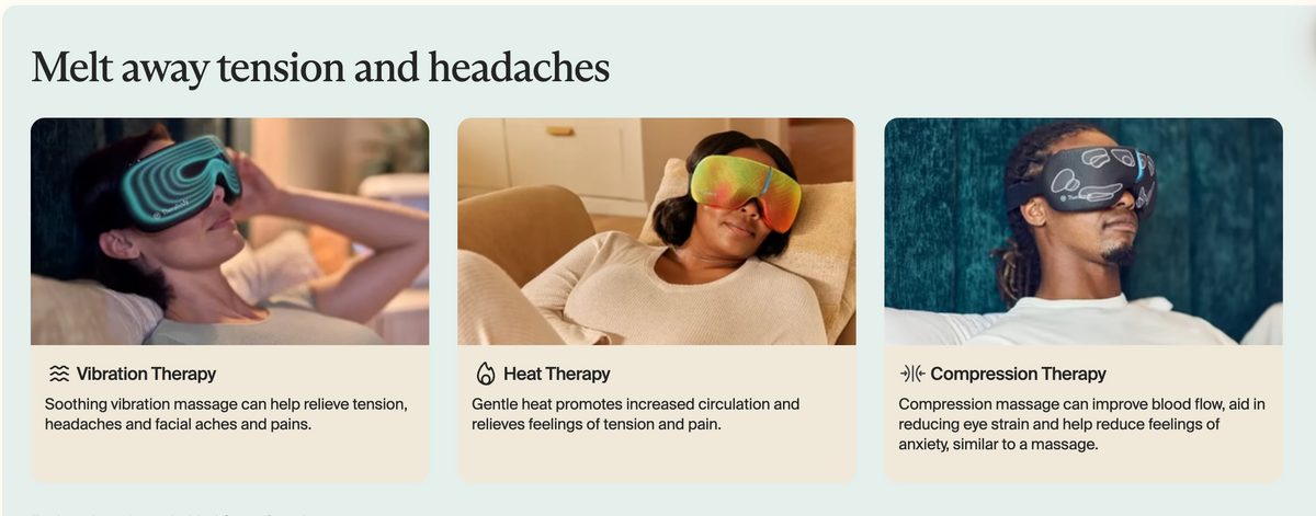 Three people wearing Therabody SmartGoggles, illustrating vibration, heat and compression therapy for tension and headache relief