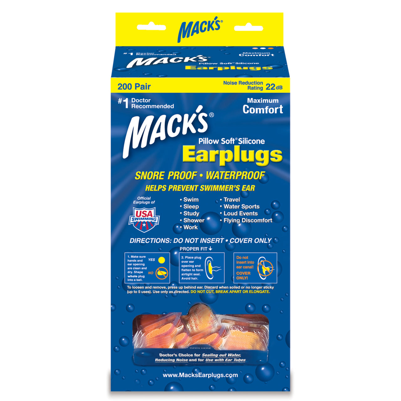 MACK'S Waterproof Adult Silicone Ear Plugs - 200 Pair Orange Bulk Pillow Soft Ear Plug Dispenser