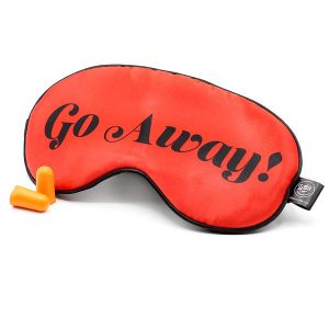 Red Sleep Mask with funny text saying Go Away