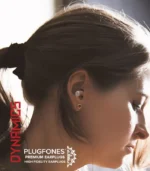 Plugfones Dynamics Hi-Fidelity Earplugs from Sleep and Sound shown in carrying case with extra tips ideal for safe listening and clear sound on the go
