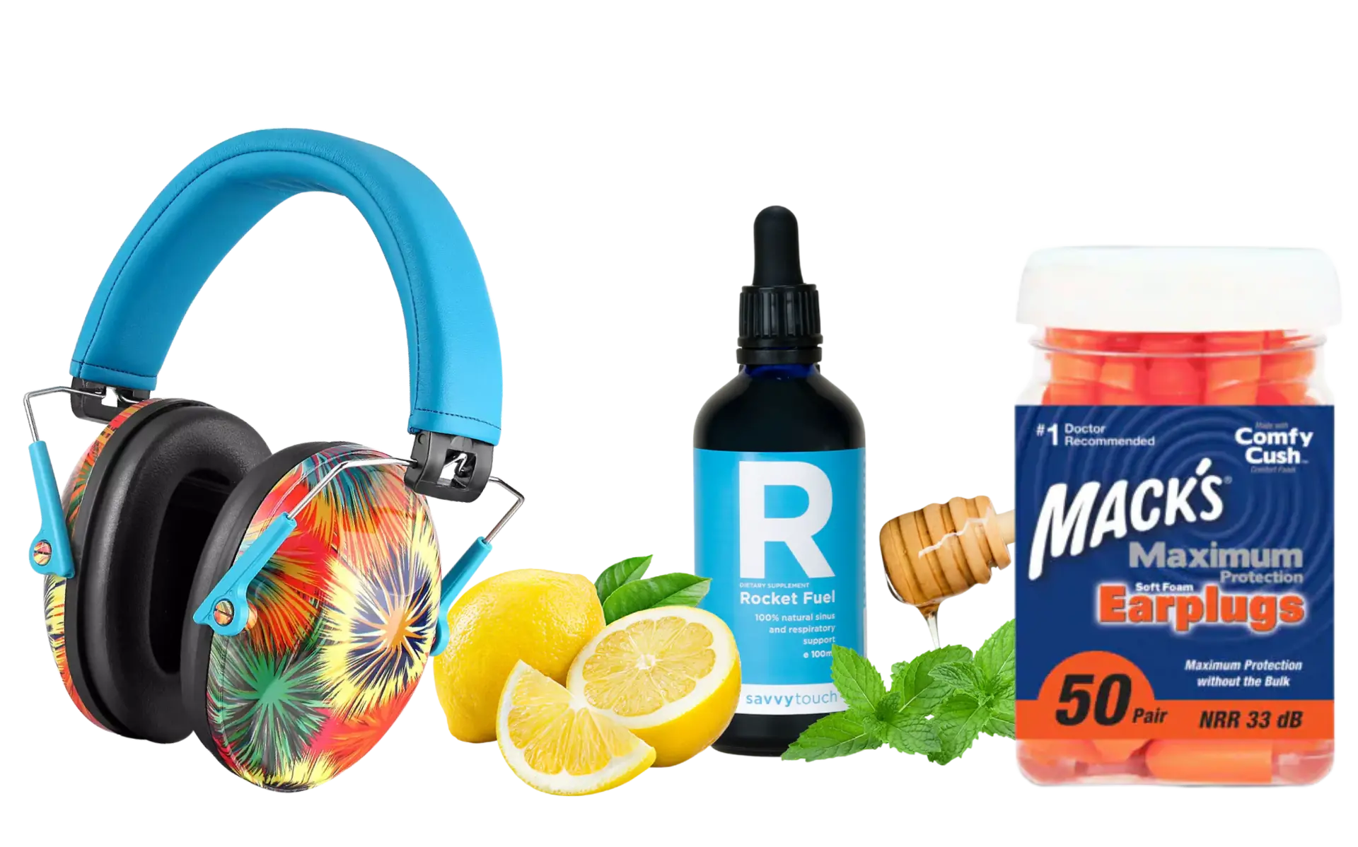 Colorful earmuffs, Mack's earplugs, and Savvy Touch sleep supplement displayed together