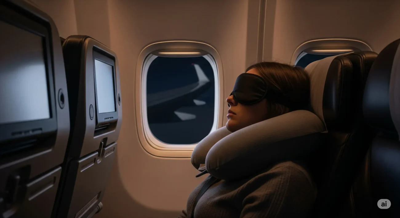 Traveler sleeping on a long-haul flight using a sleep mask and neck pillow.