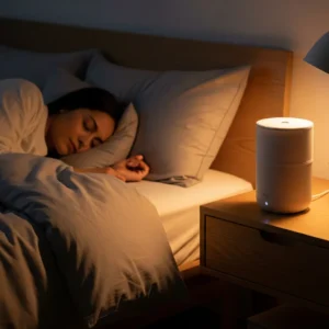 White noise machine on bedside table in a softly lit bedroom.