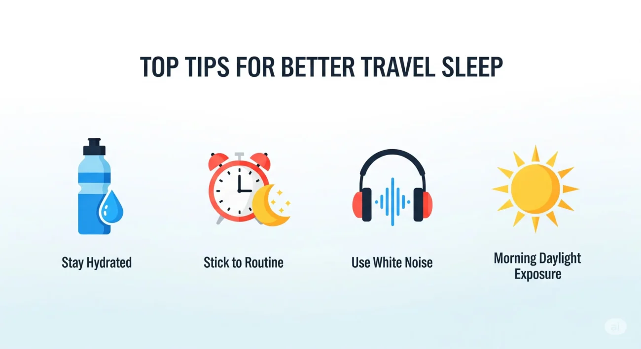Infographic showing tips for better sleep while traveling.