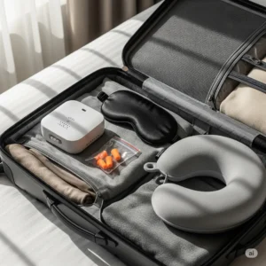 Travel sleep kit essentials arranged in a suitcase.