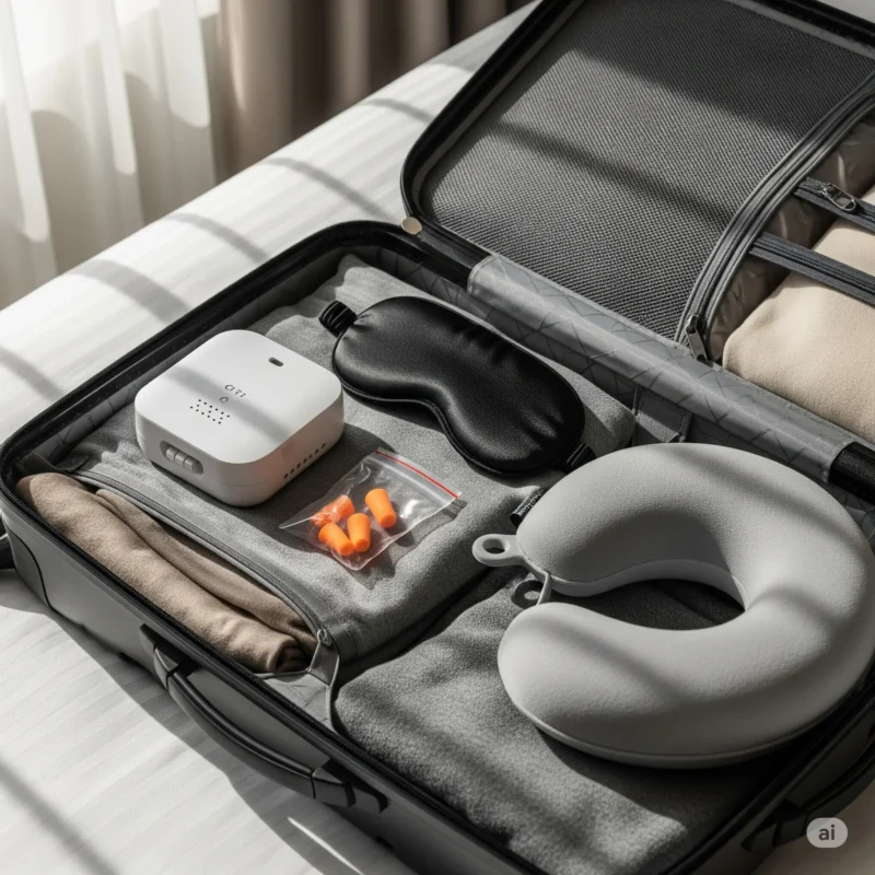 Travel sleep kit essentials arranged in a suitcase.