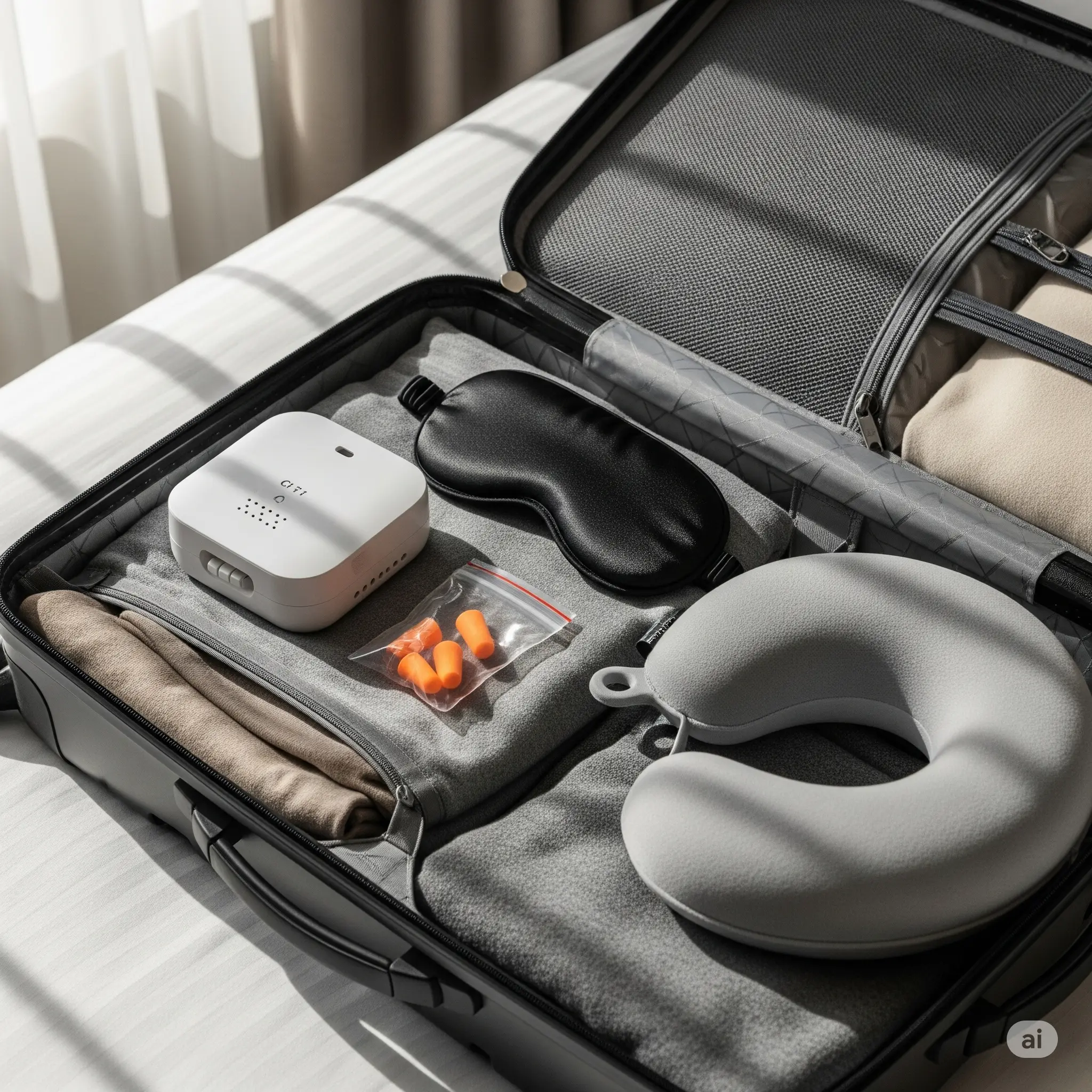 Travel sleep kit essentials arranged in a suitcase.