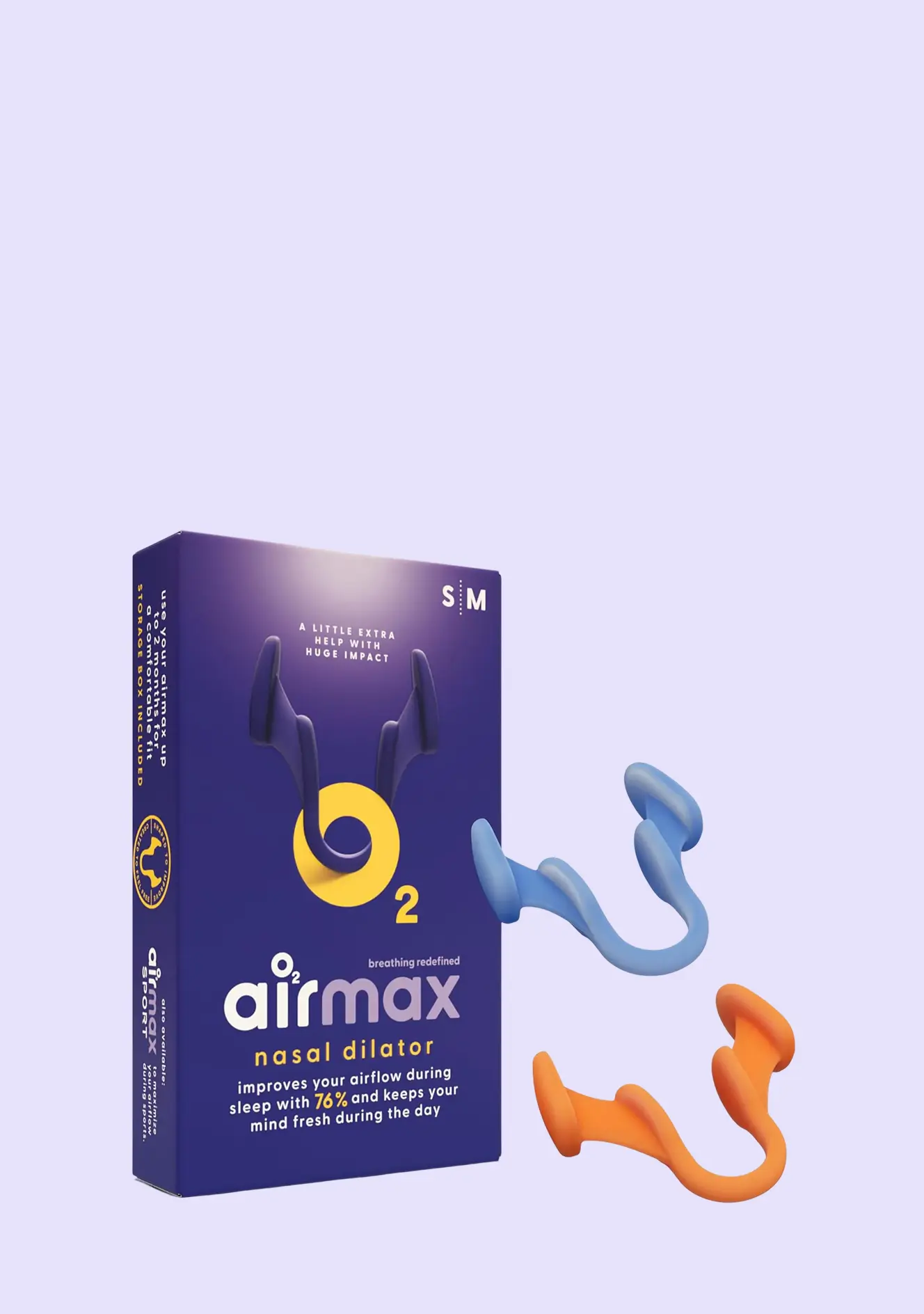 A purple Airmax nasal dilator box with small and medium sizes displayed next to two flexible nasal dilator inserts in blue and orange.