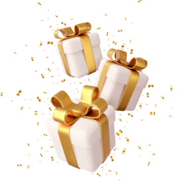 Three white gift boxes with gold ribbons surrounded by gold confetti.