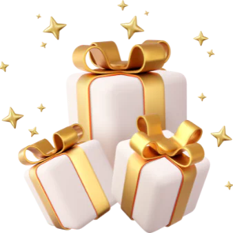 Three white gift boxes with gold ribbons surrounded by gold confetti.