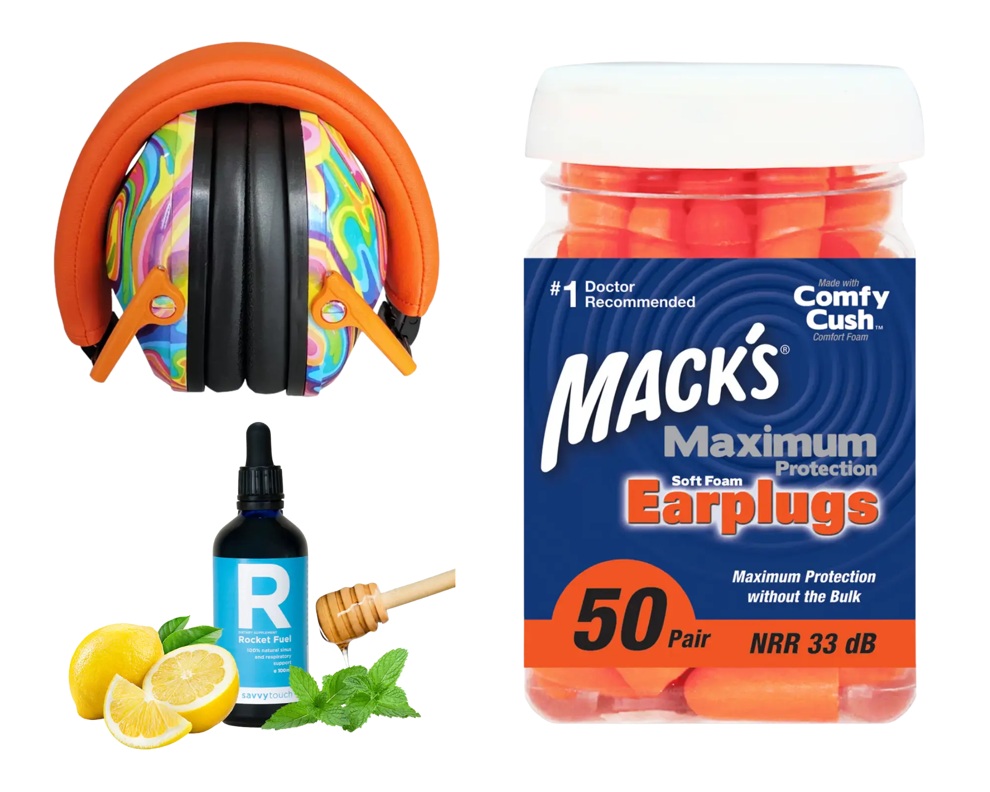 A colourful pair of children's earmuffs, a bottle of Savvy Touch Rocket Fuel oil with lemons, honey, and mint, and a container of Mack’s Maximum Protection soft foam earplugs.