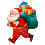 A cheerful Santa Claus walking with a large green sack filled with colorful wrapped gifts.