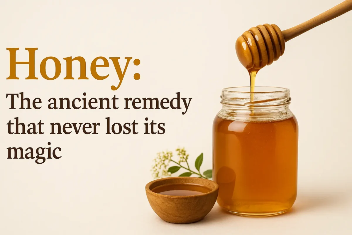 Glass jar of golden honey with wooden dipper and small bowl on a beige background, styled as a natural wellness header image.