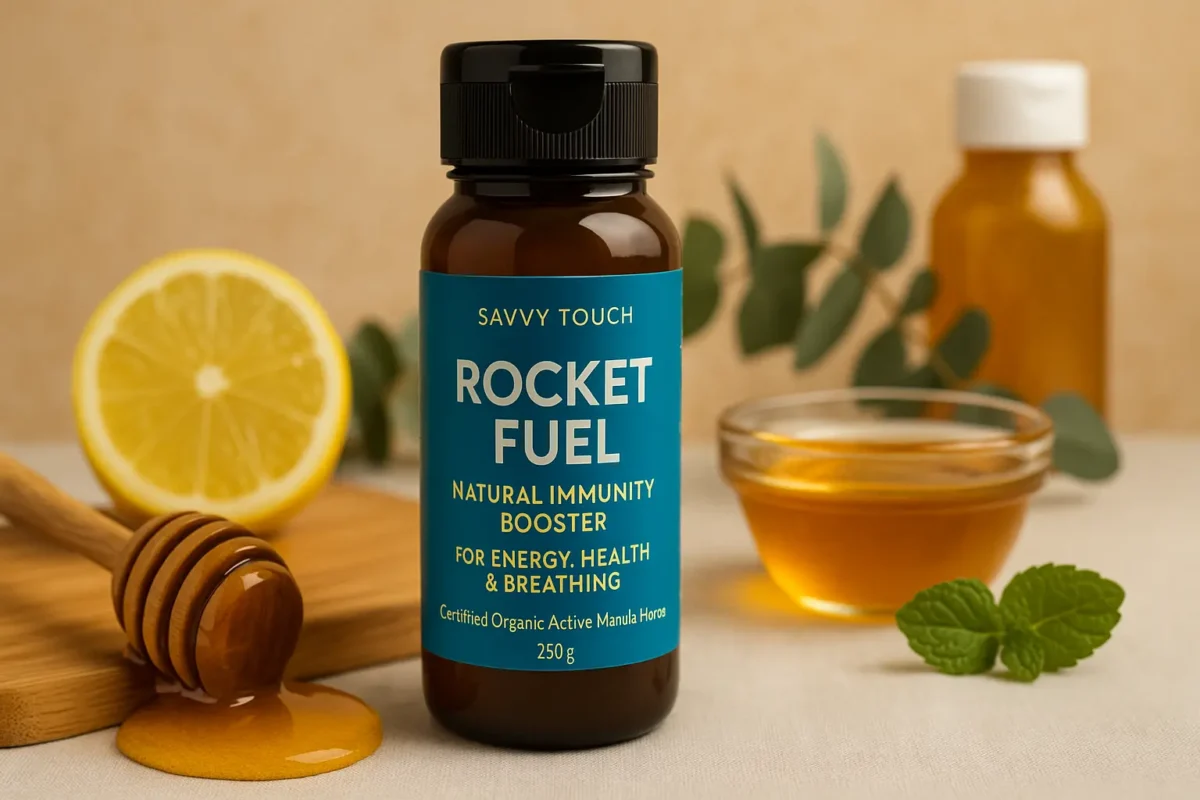 Savvy Touch Rocket Fuel natural immunity booster bottle surrounded by honey, lemon, eucalyptus, and mint on a warm beige background.