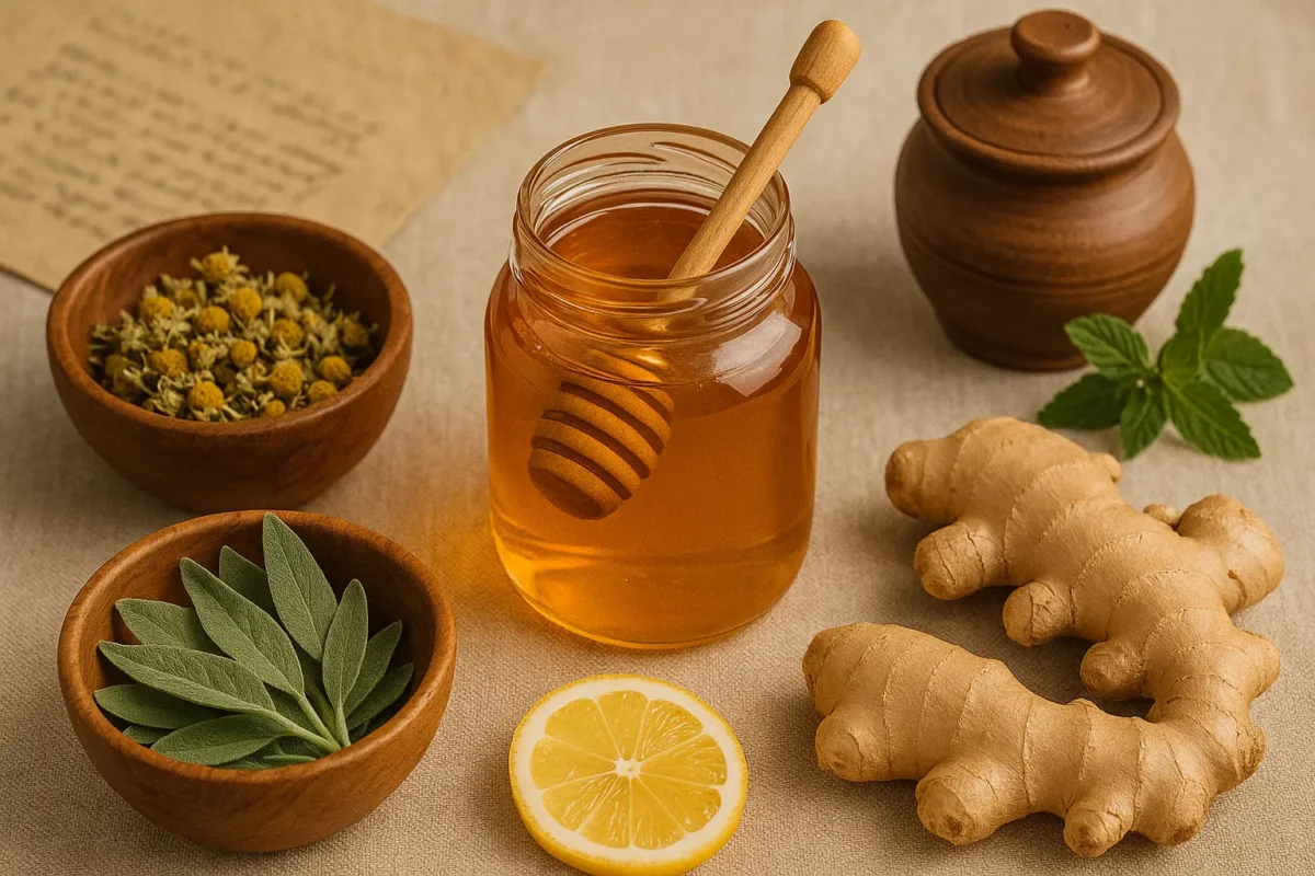 Flat lay of a jar of honey with chamomile, sage leaves, ginger, lemon, and wooden bowls arranged on a natural linen fabric.