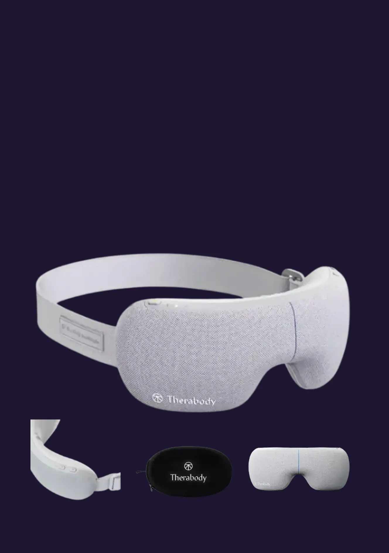 A Therabody smart eye mask in light grey shown with its adjustable strap, side controls, travel case, and additional product angle views on a dark background.