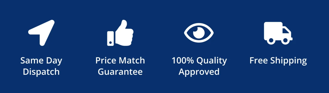 A blue banner displaying four white icons with text: “Same Day Dispatch,” “Price Match Guarantee,” “100% Quality Approved,” and “Free Shipping.”