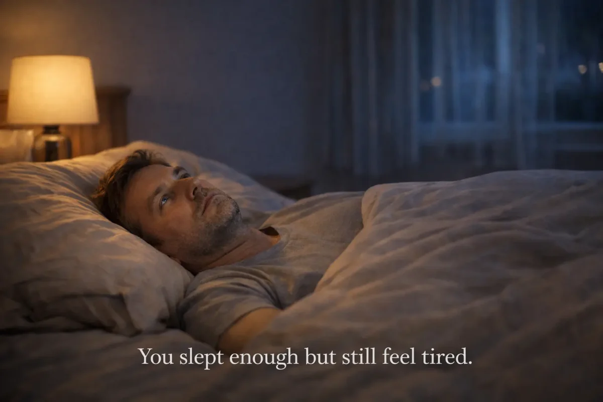 person awake at night feeling tired in bed
